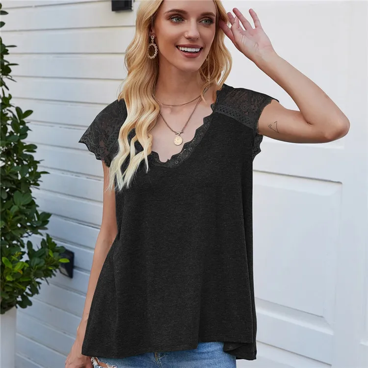 

Women's 2021 Summer Ladies New Style Short Sleeve Lace Top Loose Vest T-shirt, As show