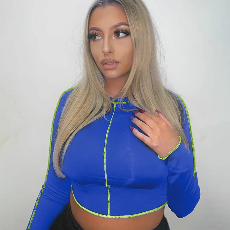 

2020 New fashion Autumn Women Sexy contrast color stitch tops long sleeve crop tops