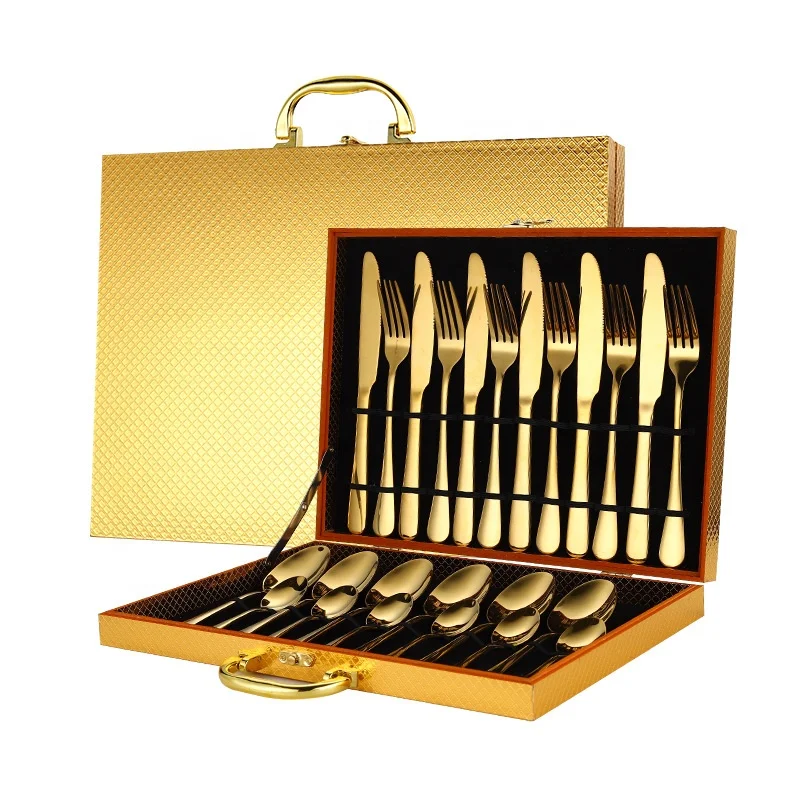 Wholesale 24Pcs Cutlery Travel Set Stainless Steel flatware with Gold Wooden Box