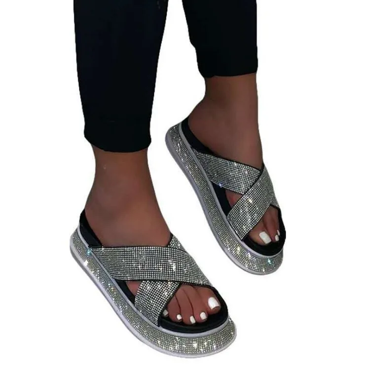 

Amazon Wish's new sponge cake platform slippers crossed with a single character rhinestone lady slippers lady, As shown in figure