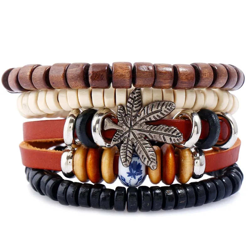

4 PCS/Set Punk Vintage Wooden Round Beaded Artificial Leather Maple Leaves Alloy Bracelet for Men