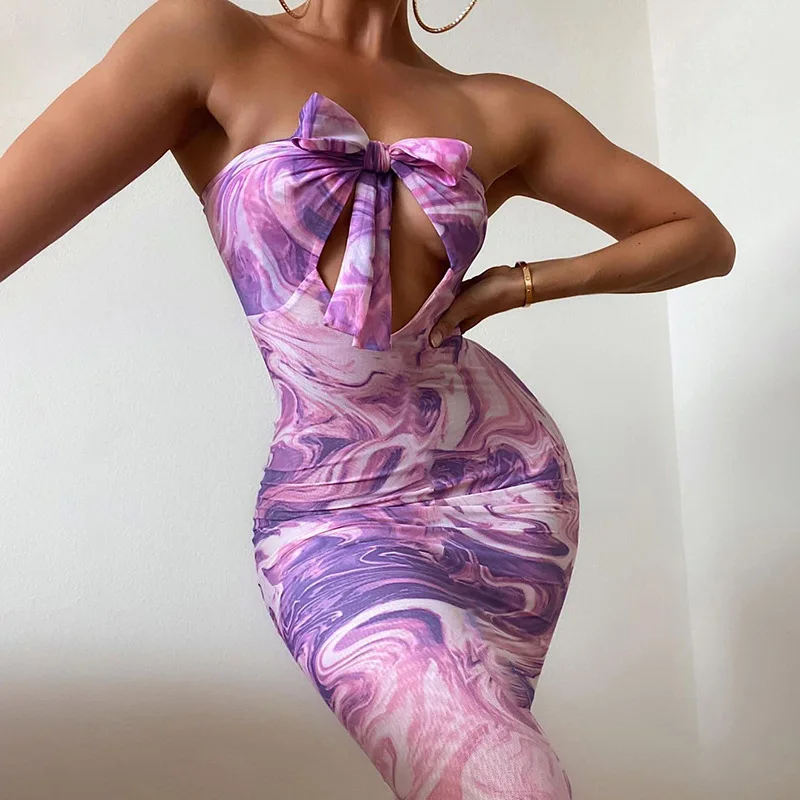 

2021 Summer Fall Women Fashion Print Halter Or Strapless Hollow Out Bodycon Slim Maxi Dress Sexy Y2K Streetwear