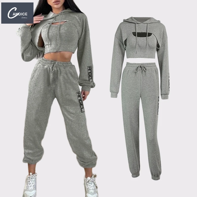 

Candice new fashion printing vest waist suit hooded sweater crop to top cheap hoodies and pants women 3 piece set