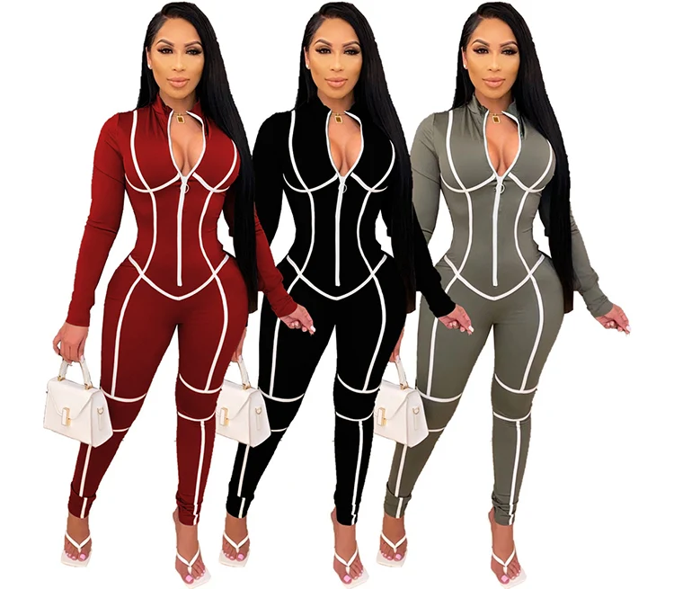 

Women's casual outfit autumn and winter models pure color zipper slim long-sleeved sports jumpsuit