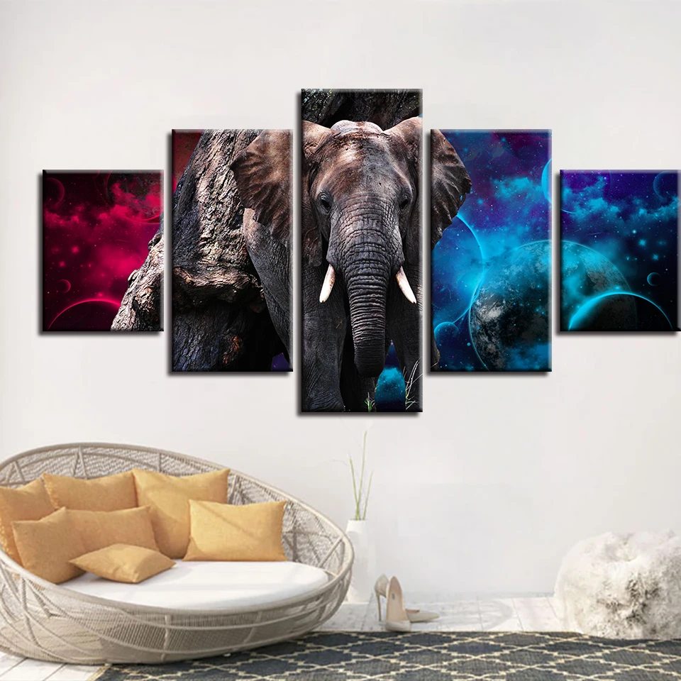 

Customized design art 5 panels elephant canvas print painting