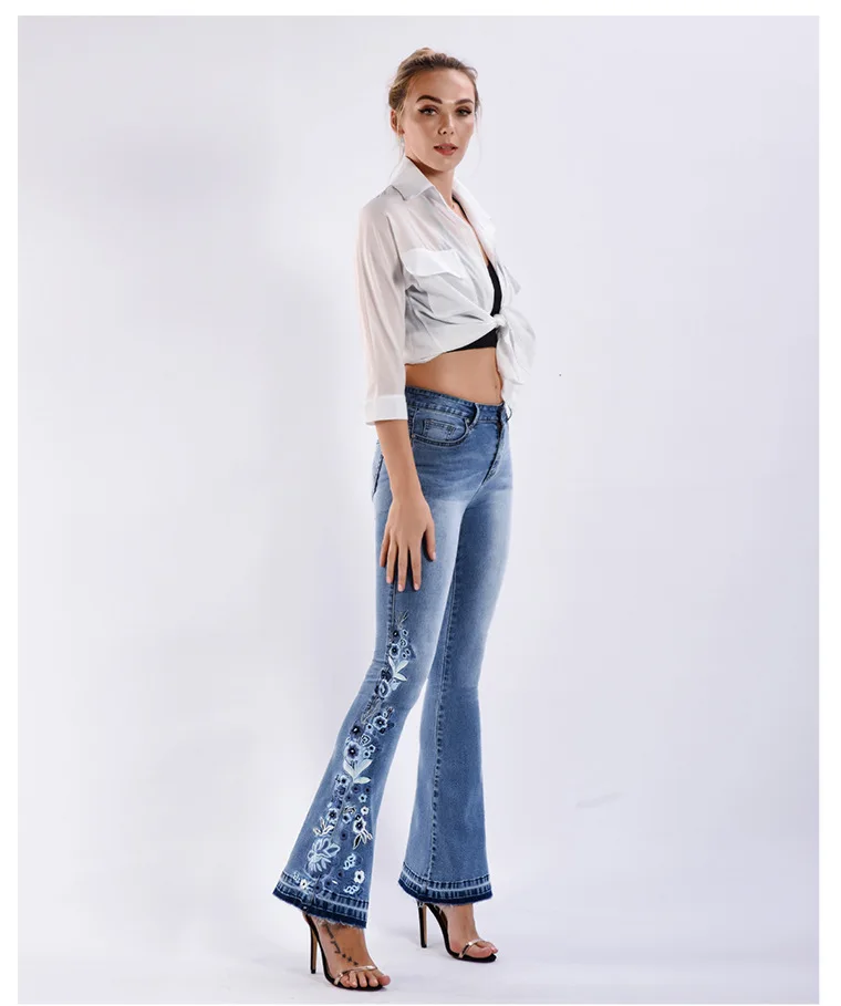 

Hot style denim embroidered trousers with wide leg pants washed flared jeans large size cotton pants