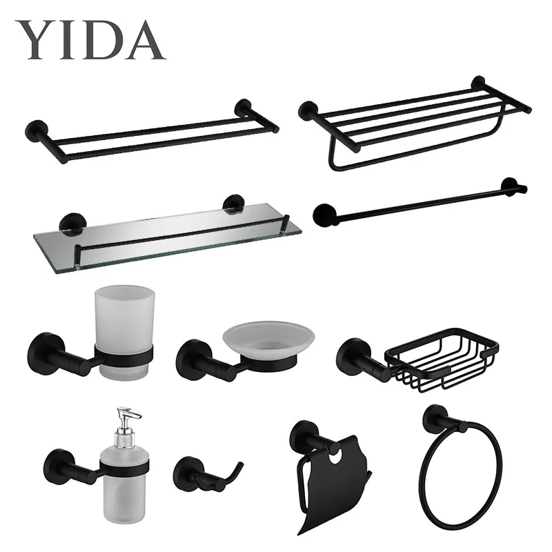 Europe matte black bathroom accessories OEM stainless steel hardware modern towel rack with four bars wall mounted paper holder
