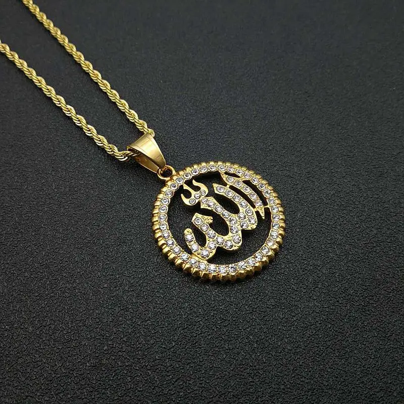 

Stainless Steel Gold Plated Diamonds Islamic Religious Allah Letter Symbol Pendant Necklace