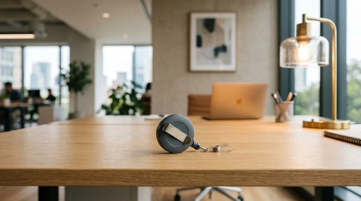 Badge reel resting alone on a modern office desk
