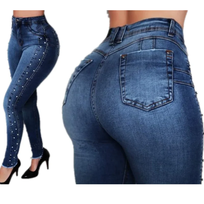 

High waist jeans women fall winter Amazon hot style beaded jeans European street stretch pencil jeans, Shown