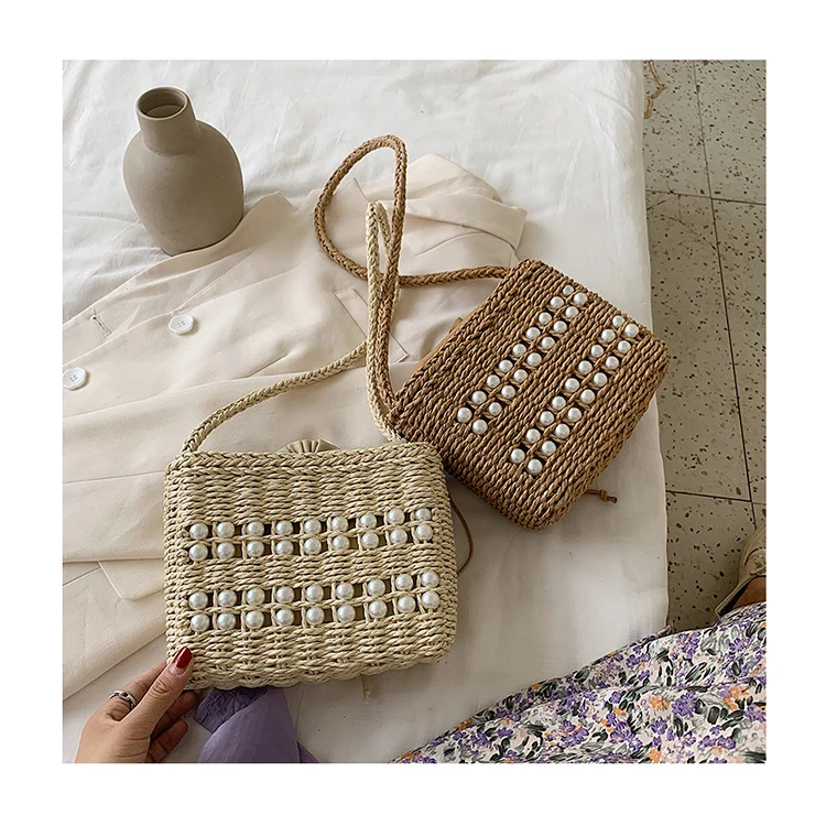 

Vintage Pearl Straw Bags Fashion Women Handwoven Shoulder Bags Ins Summer Holiday Beach Hemp Rope Weaving Handbags String Purses