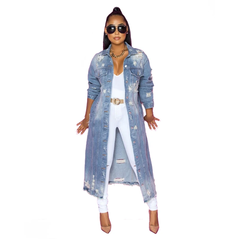 

Hot sale autumn British cardigan button denim jacket solid color ripped Turn-down Collar mid-length trench denim coat
