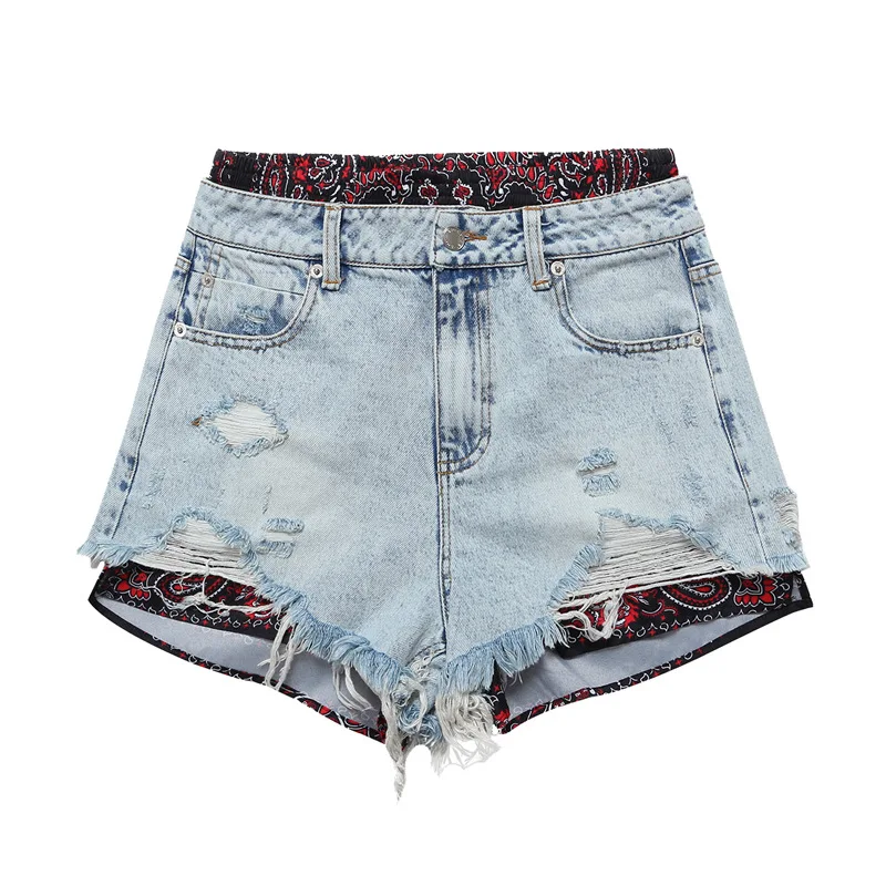 

20A/W Women's Jeans High Street Style Two Pieces of Printed Stitching Denim Straight Beggar Ripped Jeans Shorts Hot Pants, Light blue