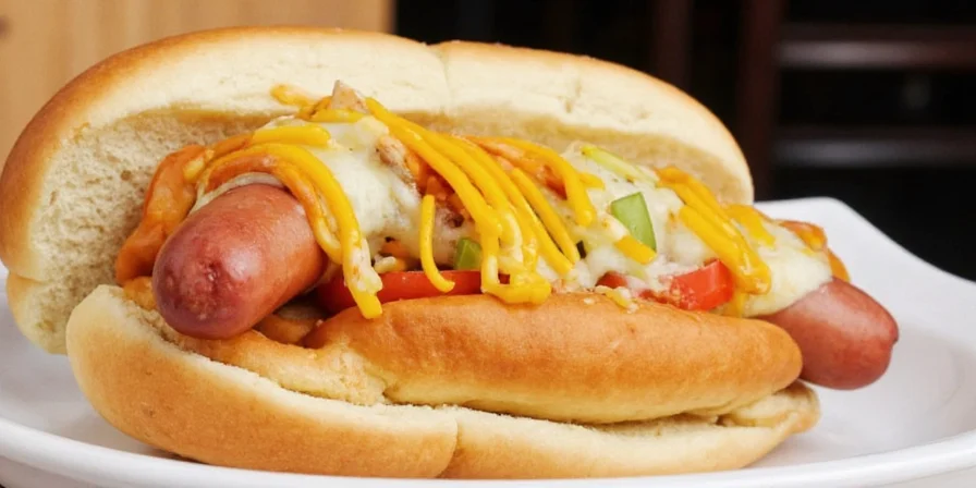 Finished plate of spiced-up hot dogs with various toppings