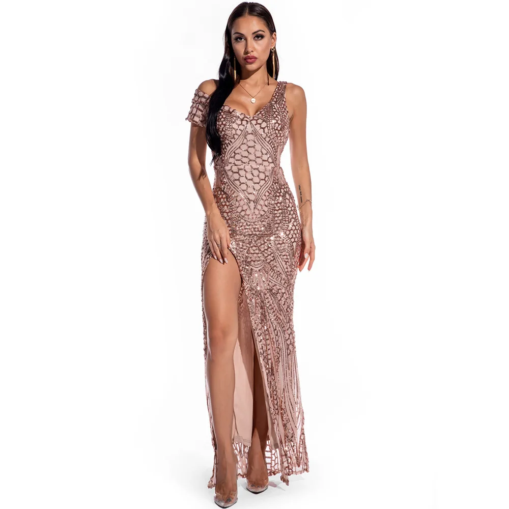 

Soiree Women Lady Elegant Party Sexy Off-The-Shoulder Side Split Sequins Long Maxi Dinner Dresses