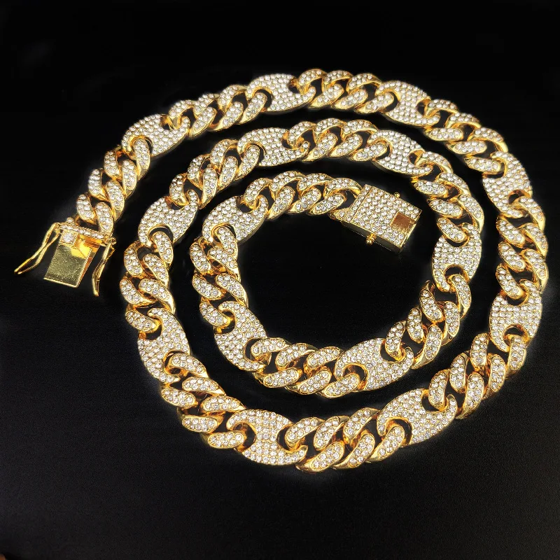 

2020 Hip Hip New Arrival Real Gold Plating Crystal Rhinestone Cuban Chain Necklace Iced Out Full Diamond Link Chain Necklace