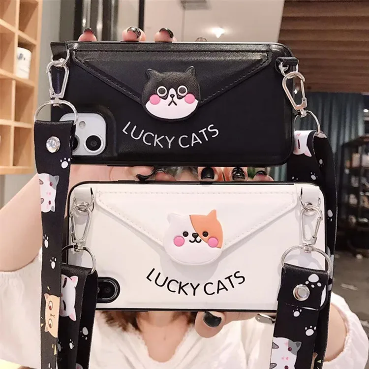 

Fashion Cute Cat Shockproof Anti-fall Card Slot Leather With Lanyard Phone Case For iphone 12 Pro Max