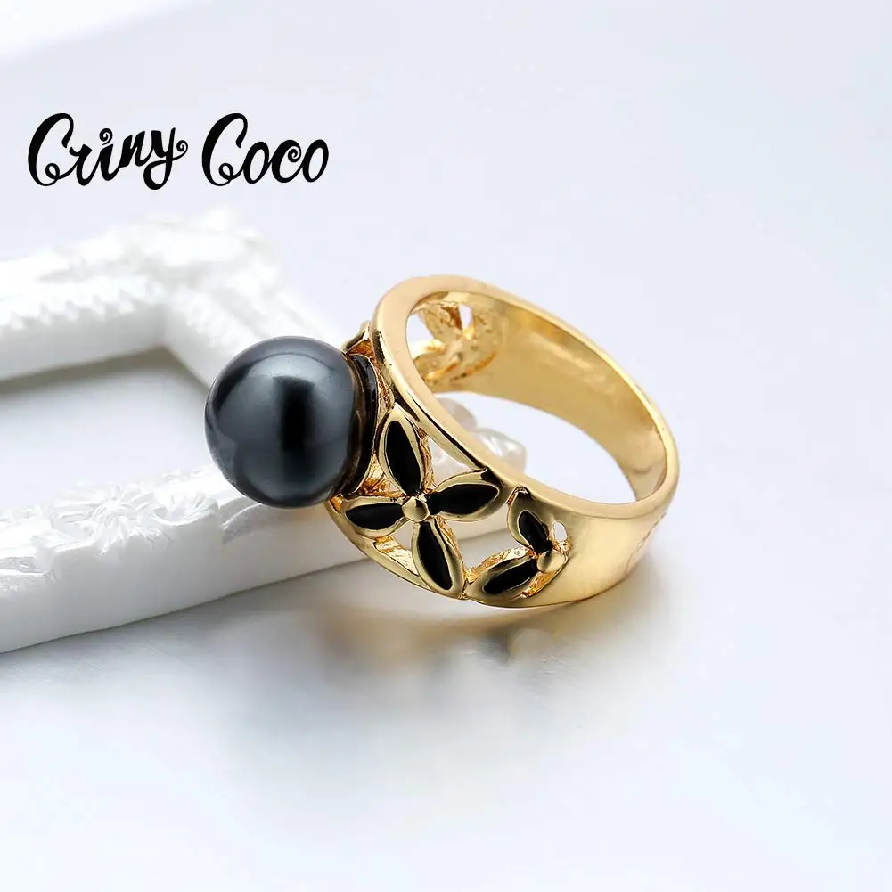 

Cring CoCo Colorful Crystal 14k Gold Plated Engagement Jewelry Hawaiian Black Pearl Rings for Women, Customized color