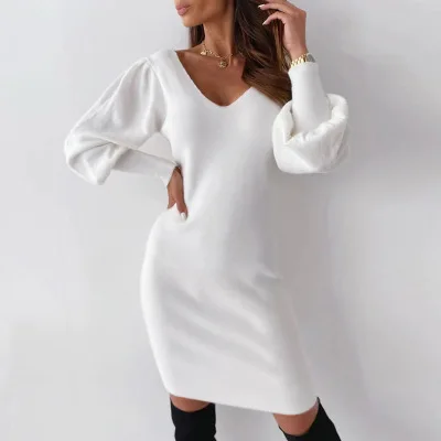 

Elegant Ladies Solid Color Bodycon Dresses Black White V-neck Backless Long Sleeve Casual Dresses