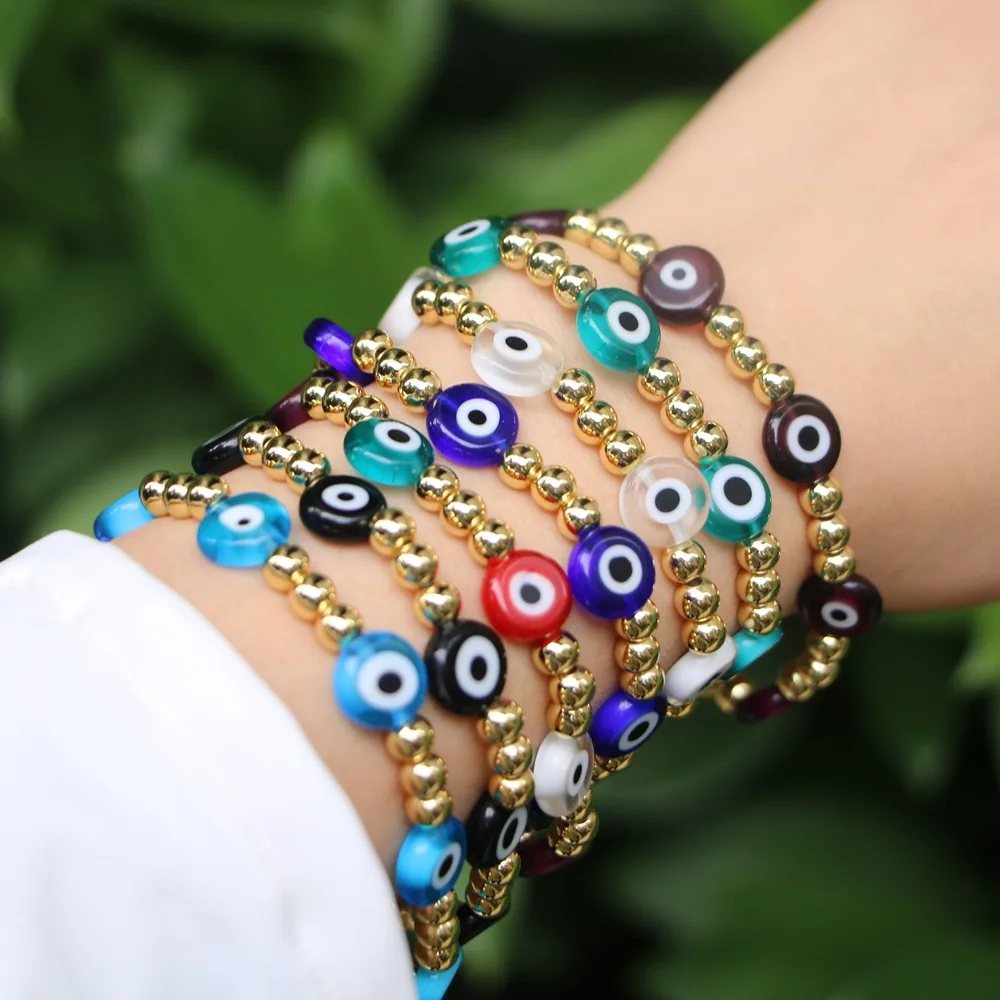 

Colorful Devil Eye Gold Beads Bracelet Round Coloured Glaze Beads Evil Eyes Beaded Bracelets