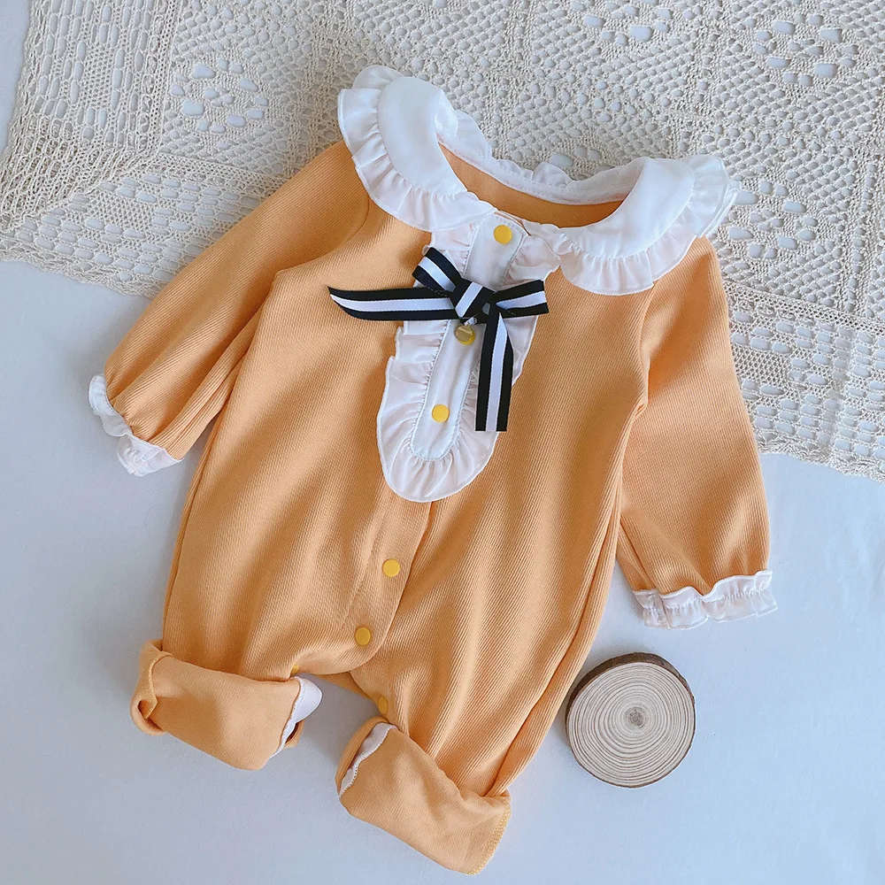 

rts Baby Bowknot Romper 2020 Autumn Girl Baby Doll Collar Contrast Color Western Long Sleeve Romper