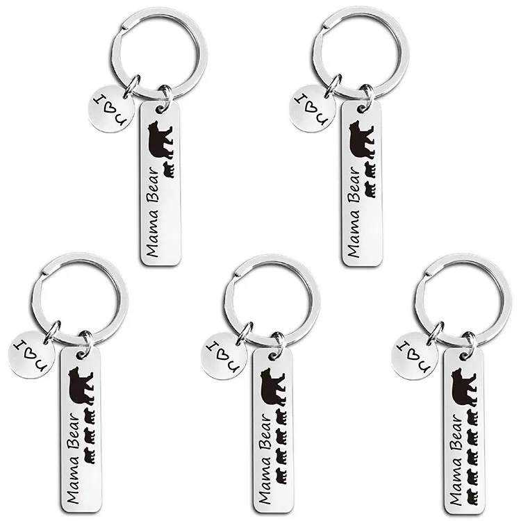 Stainless Steel Custom Logo Key Chain Engraved Personalized Key Rings Mother's Day Gift Mama Baby Bear Design Keychain