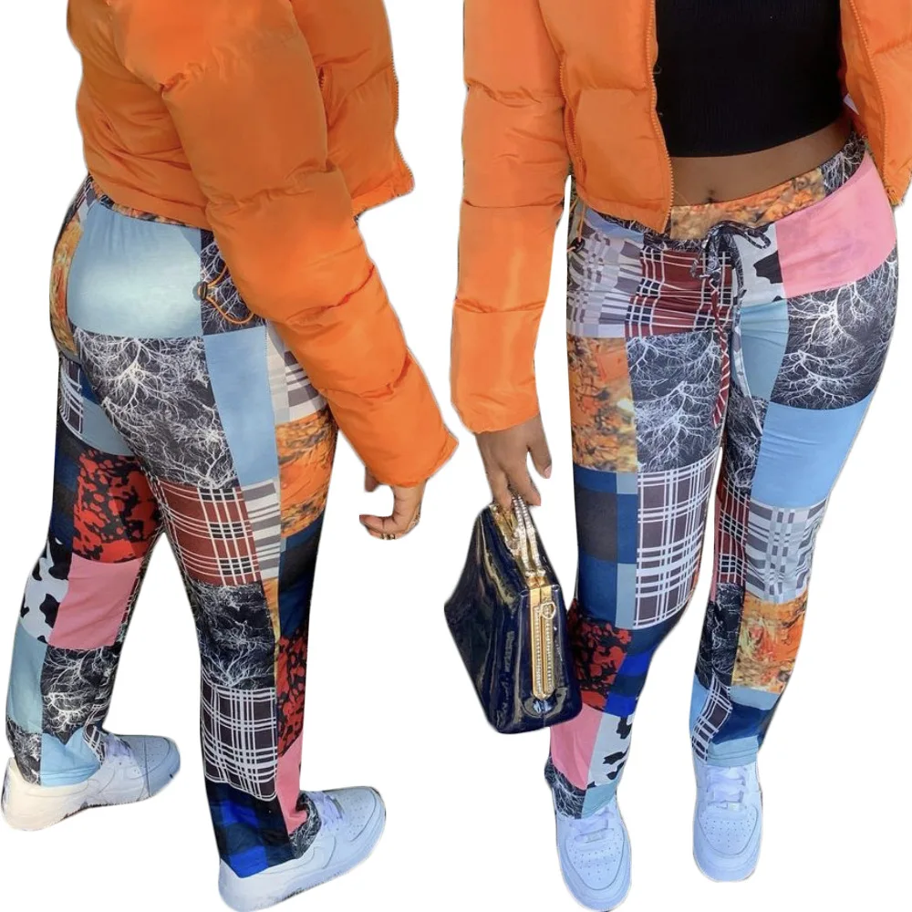 

2021 summer design Casual Mid Waist Women Sweat Pants With patchwork pattern Stacked Legging Pants