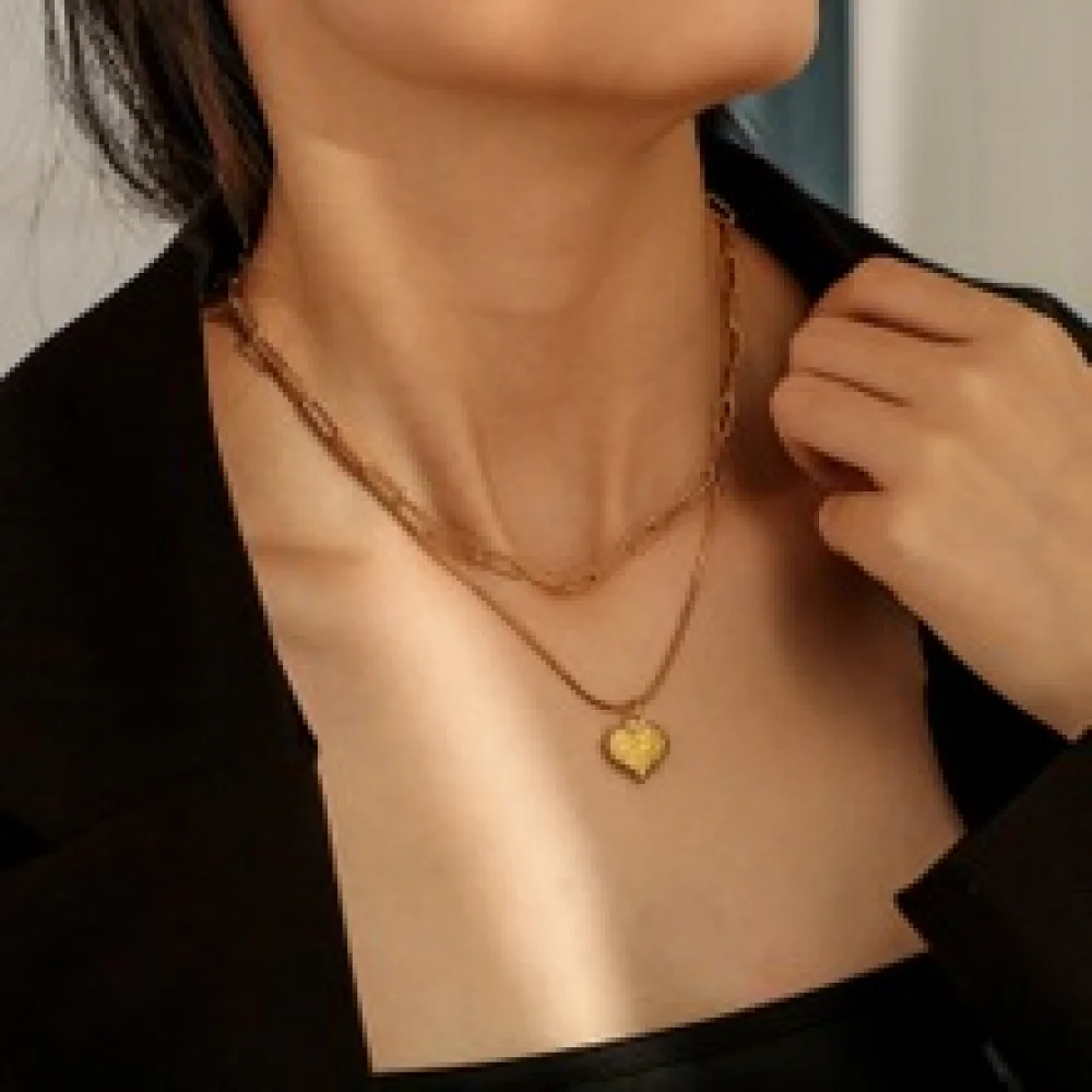 

Stainless steel jewelry gold plated engraved love you double layer snake chain heart pendant necklace