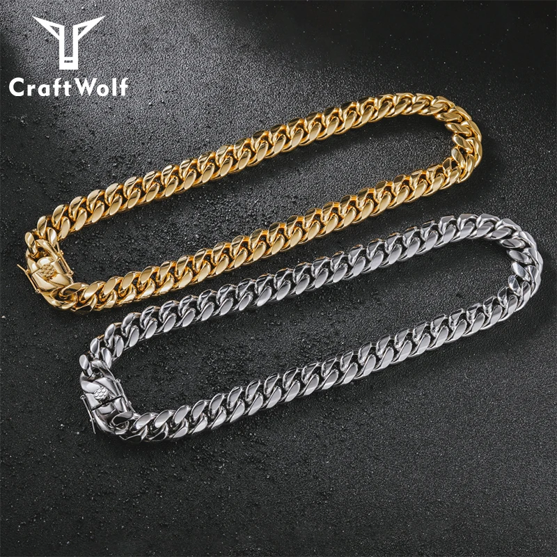 

Craft Wolf hip hop jewelry fashion plated 18k gold men women Miami cuban link chain choker Necklace, Gold,steel color