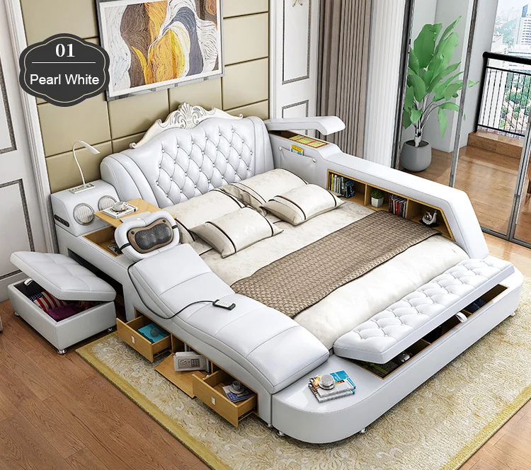 Modern Soft Bed With Massage Speaker Design Leather Storage Tatami Bed Smart Mul Functional