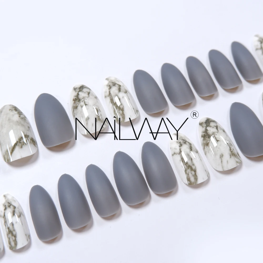 

High Quality Halloween Fakenail Artificial Press On Private Label False Nails With Packaging Stiletto Marble Matte Fake Nails, Gray & white