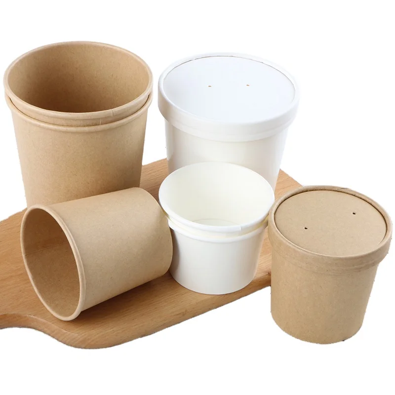

Eco Friendly Disposable takeaway food container Kraft Paper noodle bowls Hot Soup Cups With Paper Flat Lid