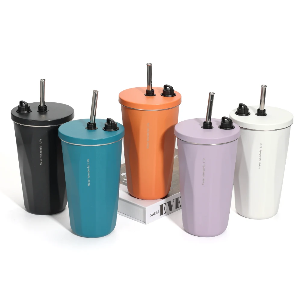 

New Outdoor Travel Camping Tumblers 600ml Wholesale BPA-free Stainless Steel Coffee Mug with Straw