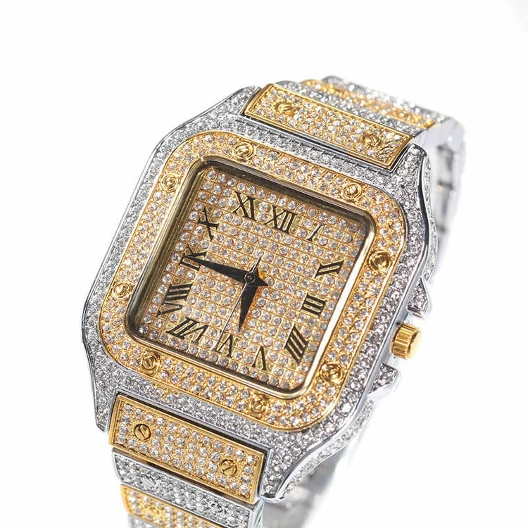 

Roma Scale Quartz Watch Fashion Full Diamonds Square Dial Mens Watch For Luxury Gift, Gold/silver/ rose gold/ gold and silver