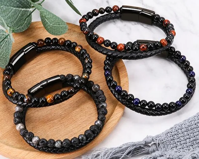 

Volcanic Stone Beaded Bracelet Magnetic Clasp Hand-woven Leather Men's Bracelet, Brown