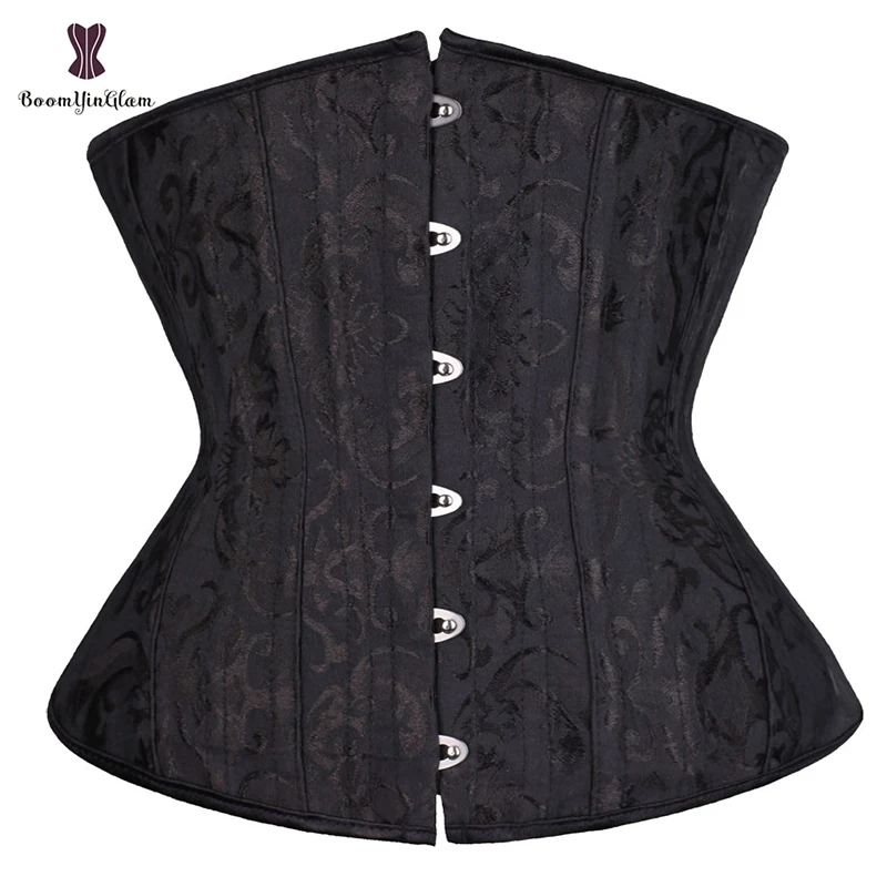 Satin and Jacquard Material Row Hooks Women Waist Trainers Bustier Black Corselet Underbust 26 Steel Boned Corset