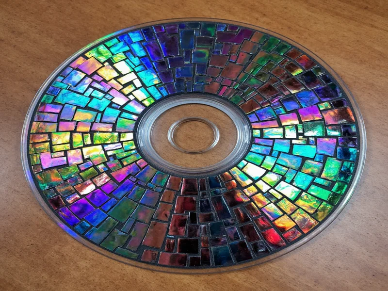 DIY CD mosaic mirror reflecting rainbow light patterns