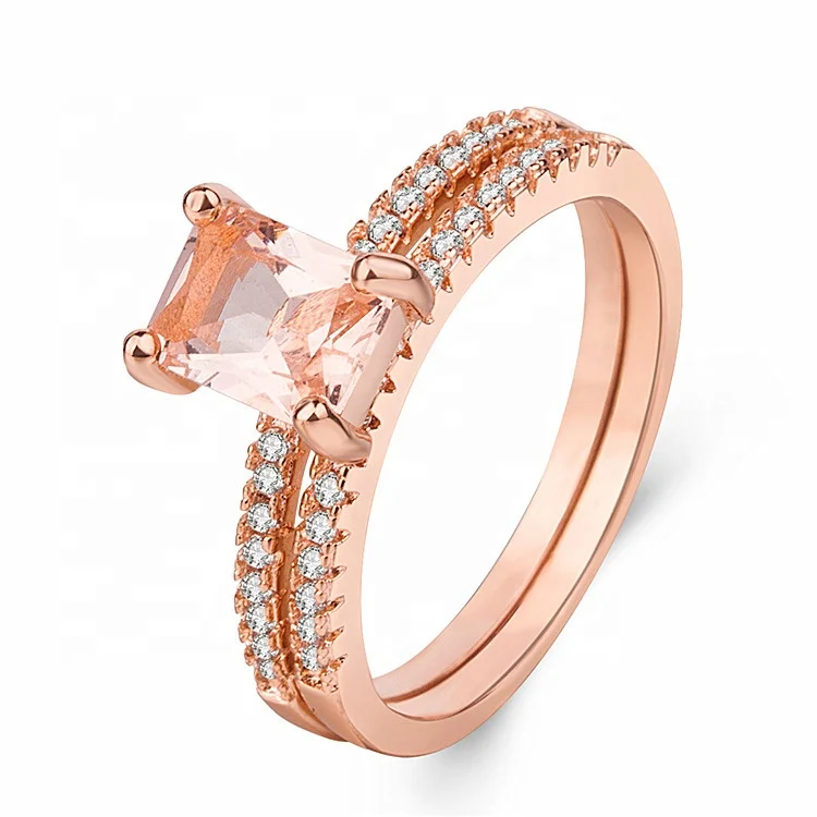 

Dainty Jewelry Rose Gold Plated Emerald Cut Morganite Wedding Ring Set