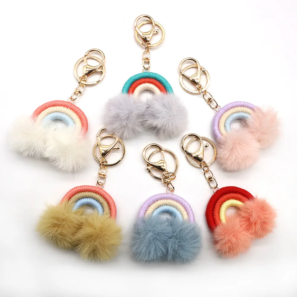 

Llavero Con Pompon Rainbow Keychains Macrame Weaving Rainbow Tassel Pom Poms Keyring for Women