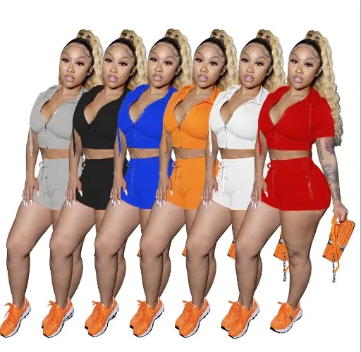

Women Clothing Solid Color Two Piece Crop Tops Sports Shorts 2 Piece Sets with hoodie, 8 colors