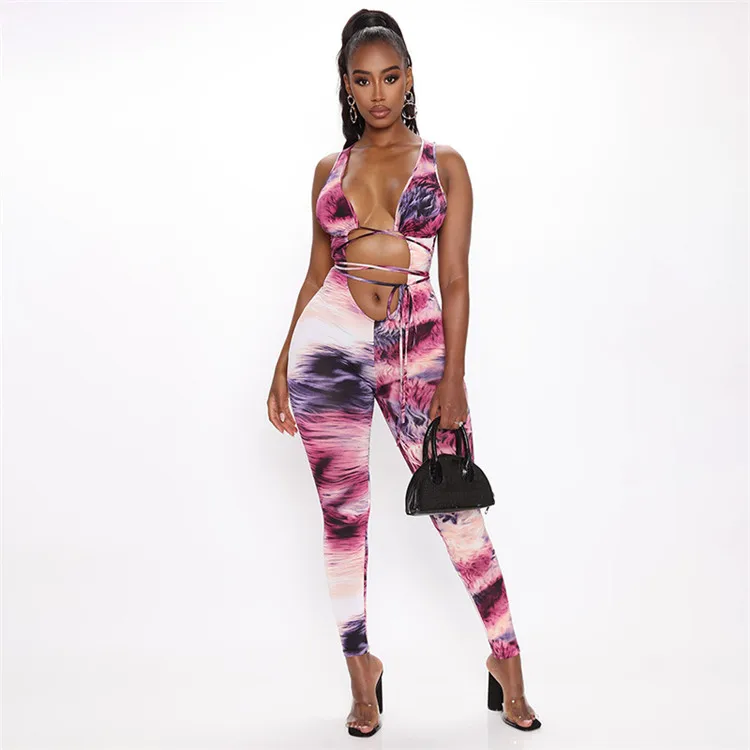 

Tie dye Jumpsuit Womens Sleeveless Hollow Out Sexy Jump Suit 2020 Summer Party Wear Bodycon Long Pants Overalls Women, Purple/red