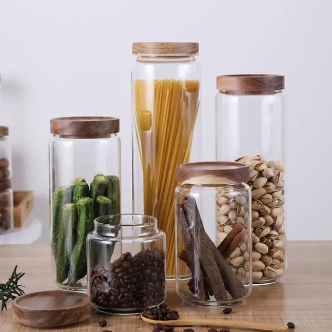 

Wholesale household kitchen sealed storage jar borosilicate glass storage bottle with wooden lid