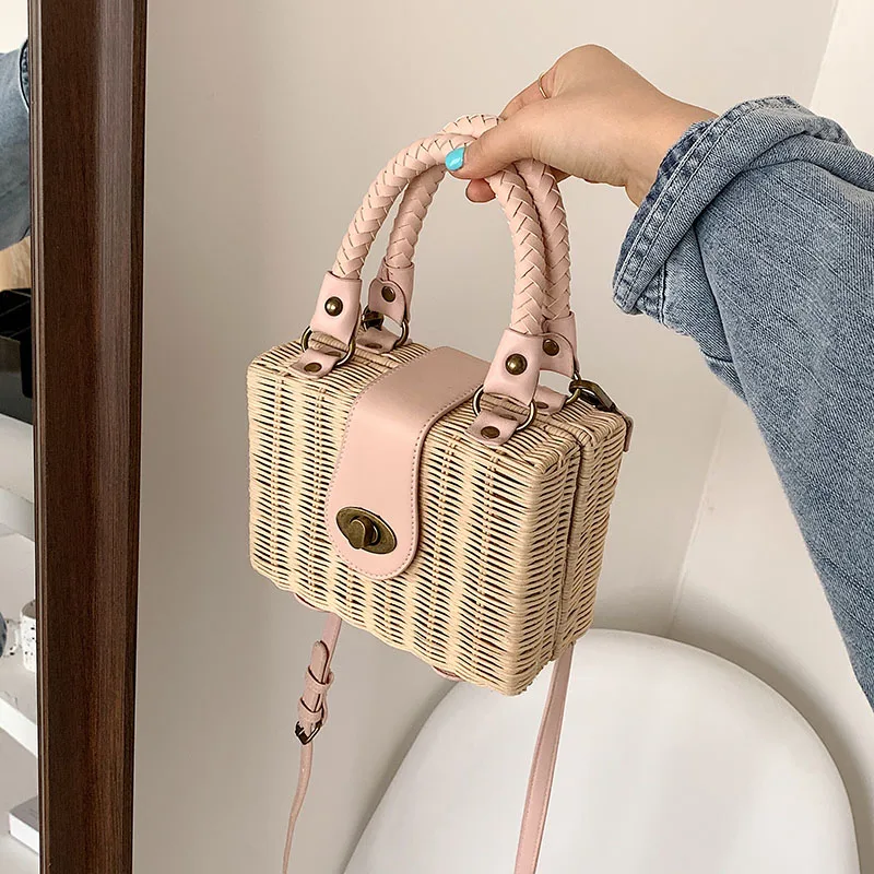 

Summer Travel Lady Handbag Eco friendly Bamboo Straw Mix PU Leather ladies handbag Beach Straw Shoulder Bags Rattan Bag
