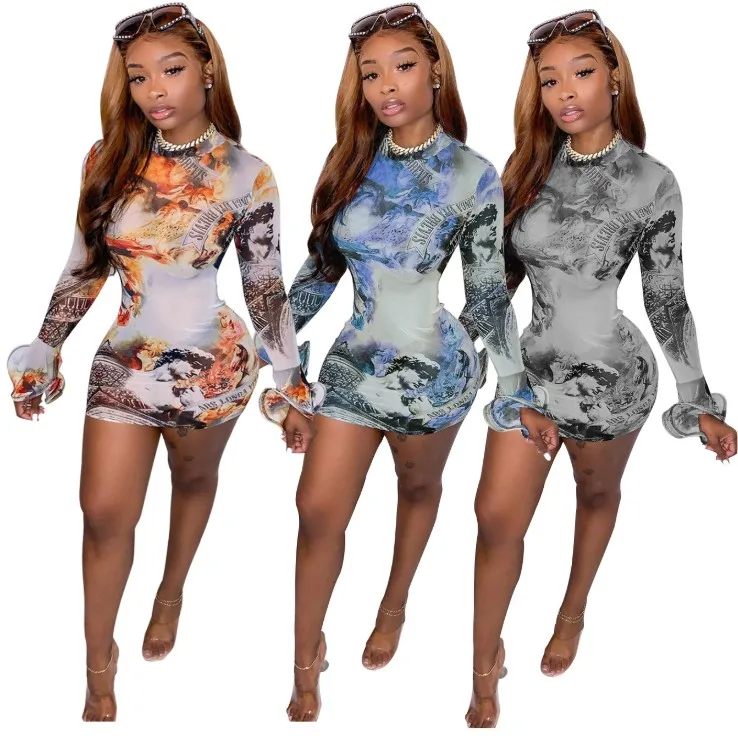 

Wholesale Autumn Fashion Women's Printed Color Long Flared Sleeve O-Neck Mini Dresses Women Casual Party Wear Dress