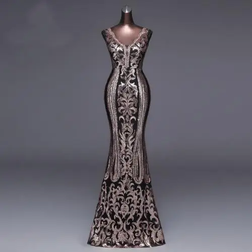 

floral mermaid backless Long Evening Dress Cotton Slim & deep V & with Sequin plain dyed black 374444