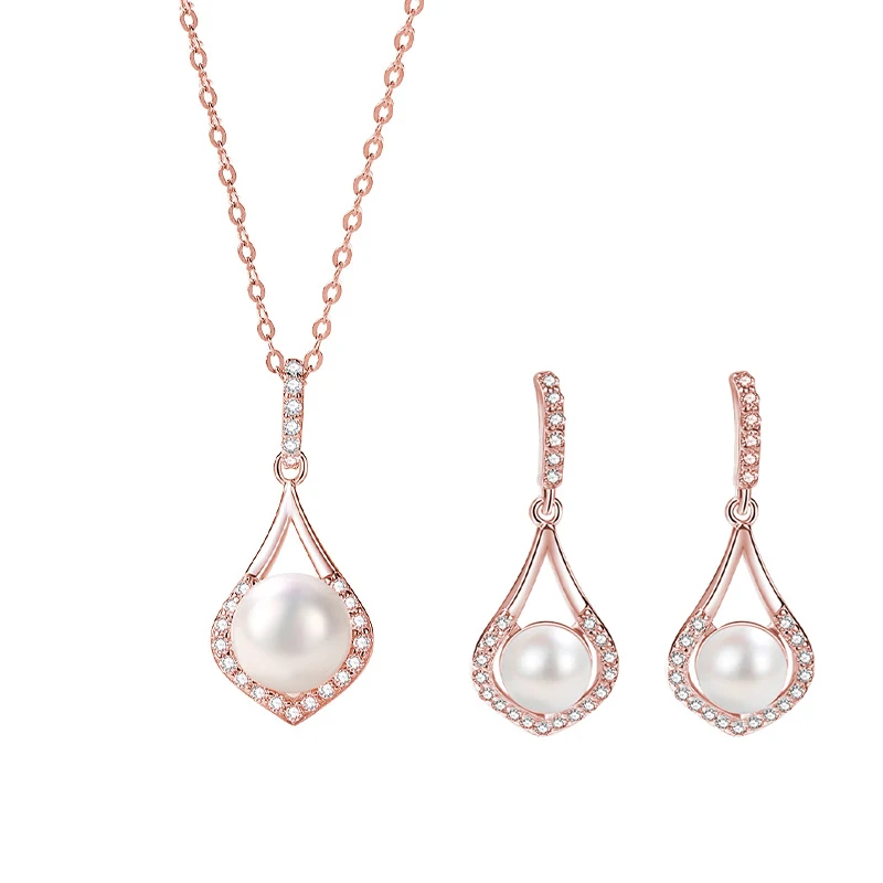 

2021New Design 925 Sterling Silver Zirconia Diamond Imitation Pearl Waterdrop Earring Necklace Jewelry Set For Women, Rose gold