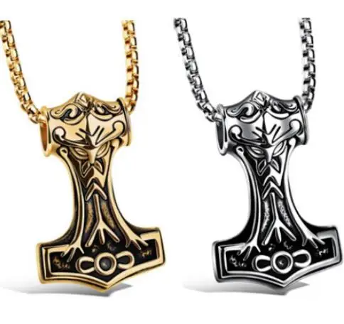 

2020 new punk rock necklace pendant Thor Pendant Hammer Vintage Silver&Gold Men Viking jewelry wholesale