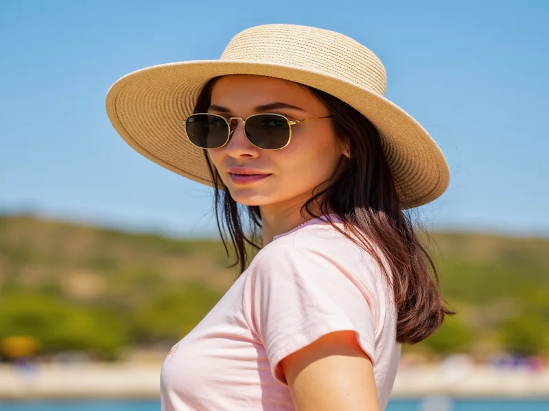 Woman wearing UPF clothing and wide-brimmed hat for sun protection