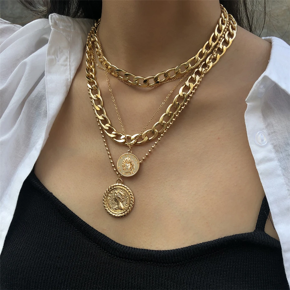 

Punk Multi Layer Curb Cuban Chunky Thick Choker Necklace Women Vintage Carved Coin Pendant Necklace Jewelry N207264