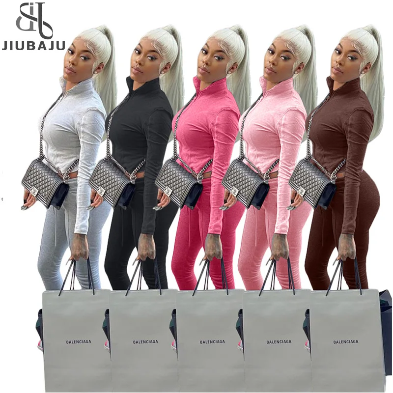 

Fall Clothes for Women Casual Solid Zipper Crop Top + Stacked Pants Sport Two Piece Set Tracksuit Women, As picture